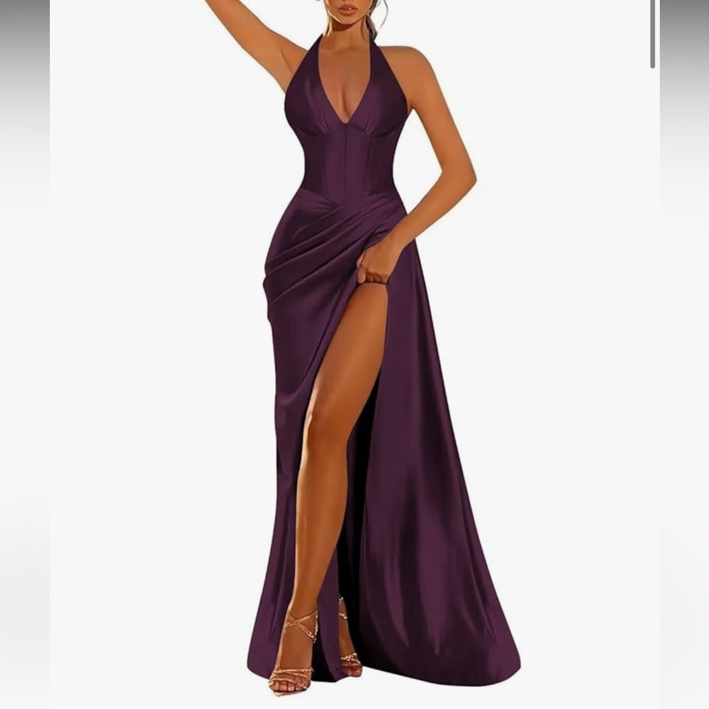 Elegant Plum Halter Evening Gown